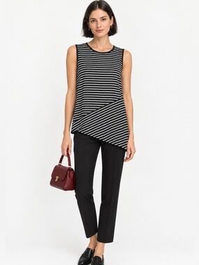 Vince Camuto Petite Black and White Striped Sleeveless Top with Asymmetrical Hem